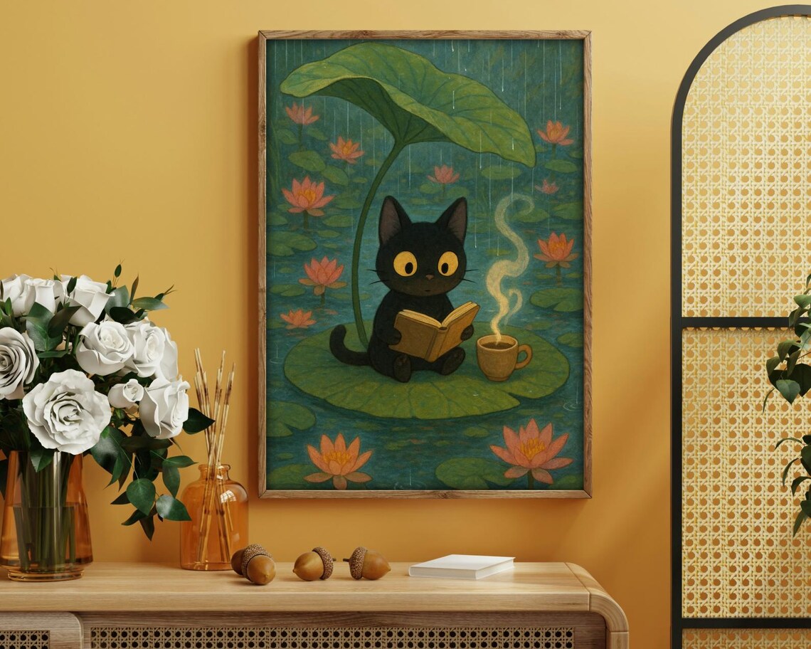 Black Cat Under Lily Pad - Rainy Day Art