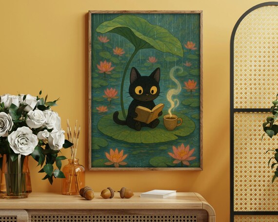 Cozy Rainy Day Cat Reading on Lily Pad