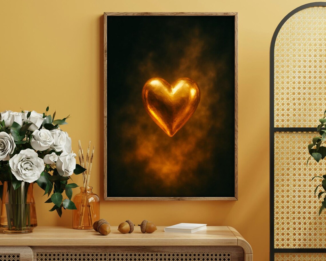 Glowing Gold Heart, Minimalist Love Art Print