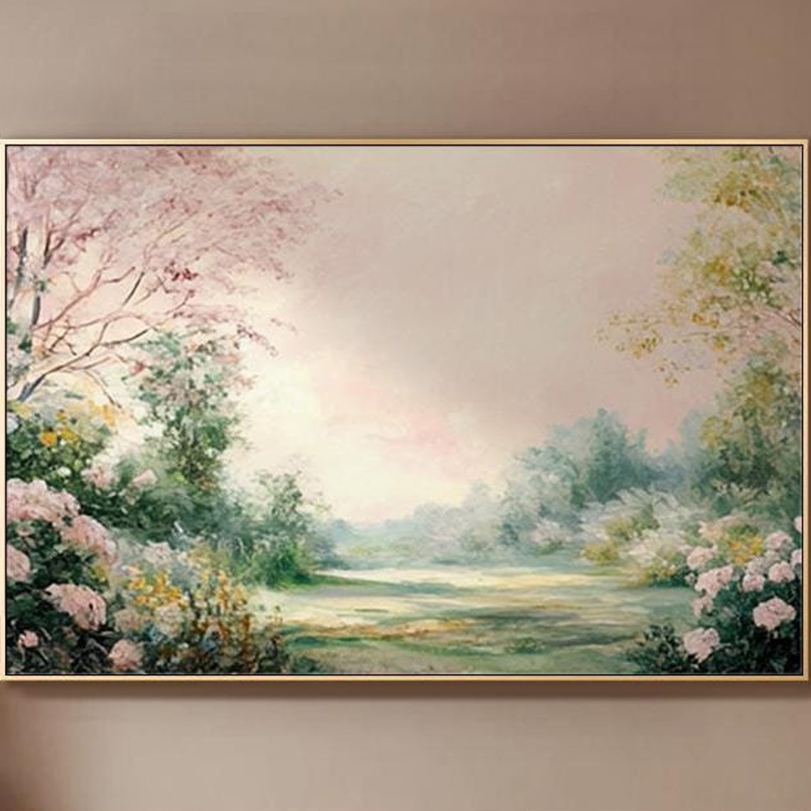 Spring Garden Blooming Trees Pink Blossoms Landscape Oil Painting Art