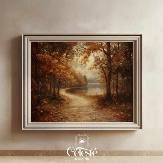 Vintage Autumn Path Through Golden Forest Lakeside Fall Landscape Poster