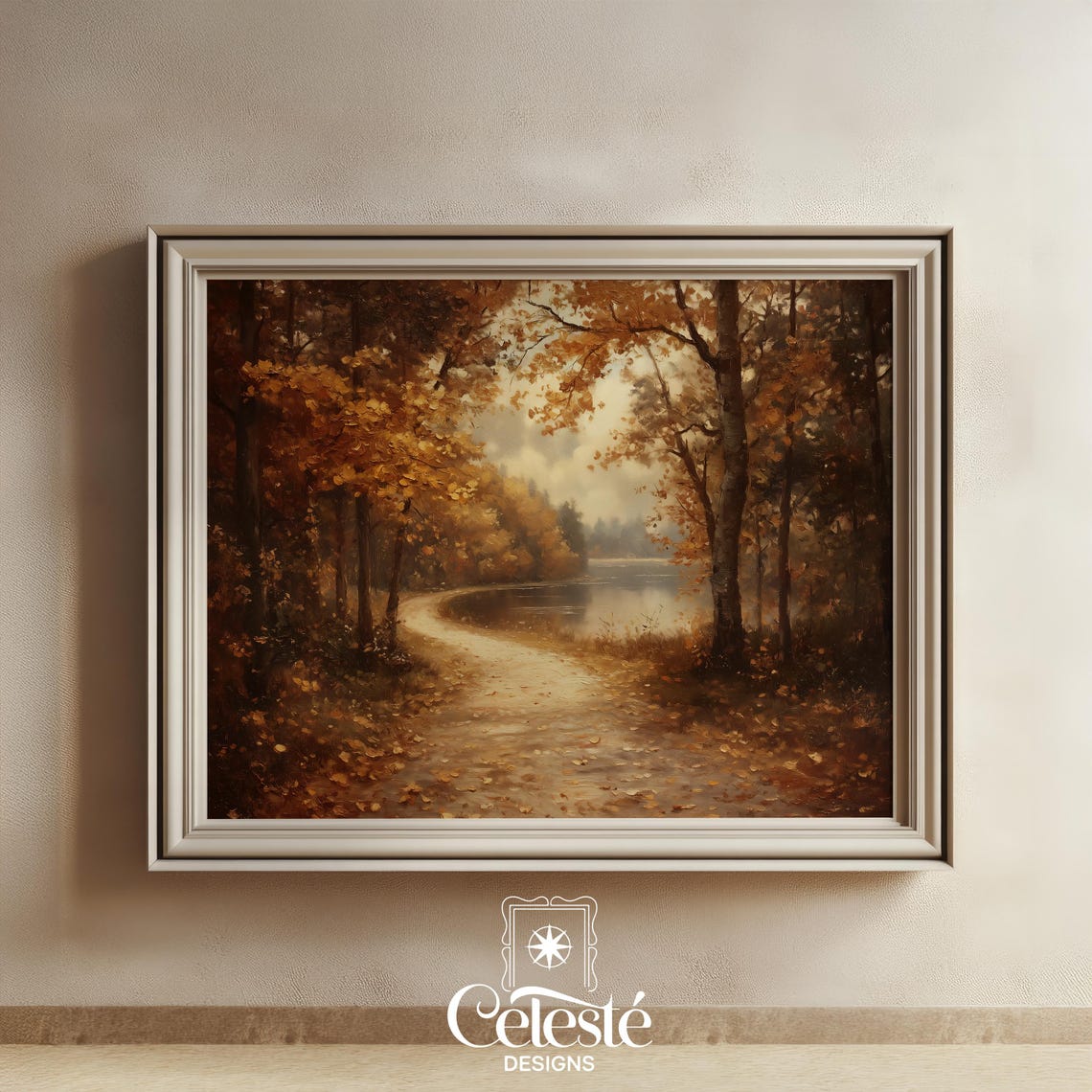 Vintage Autumn Path Through Golden Forest Lakeside Fall Landscape Poster