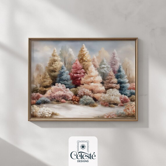 Pastel Winter Landscape Blush Pines Snowy Christmas Scene Poster