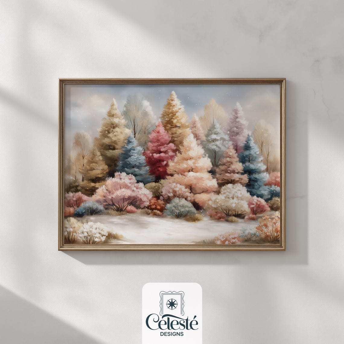 Pastel Winter Landscape Blush Pines Snowy Christmas Scene Poster