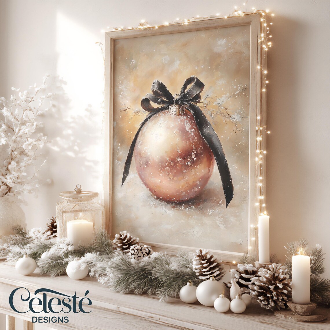 Rose Gold Christmas Bauble With Black Ribbon Bow on Snowy Glow Print