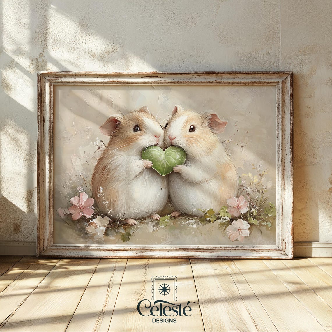 Two Guinea Pigs Holding Heart Lettuce Romantic Spring Poster