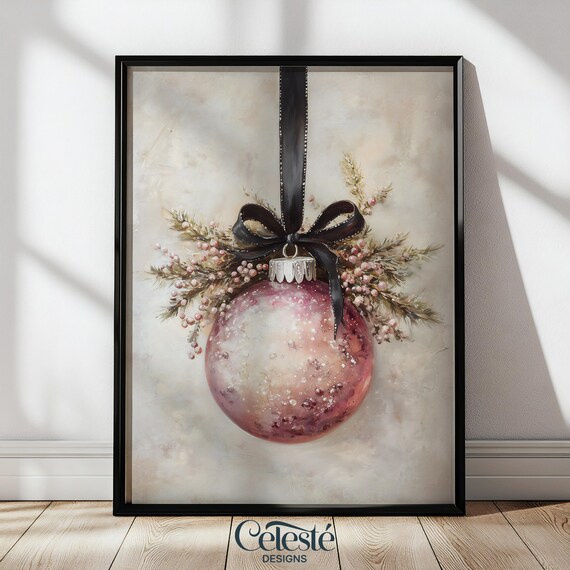 Blush Pink Christmas Bauble With Black Bow and Berry Sprigs Print