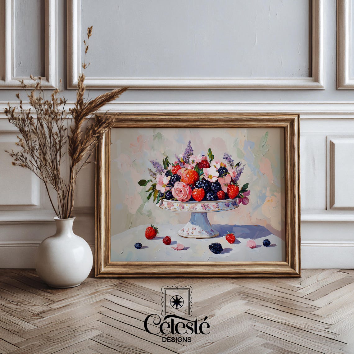 Mixed Berries Roses Cake Stand Still Life Vintage Kitchen Art Poster