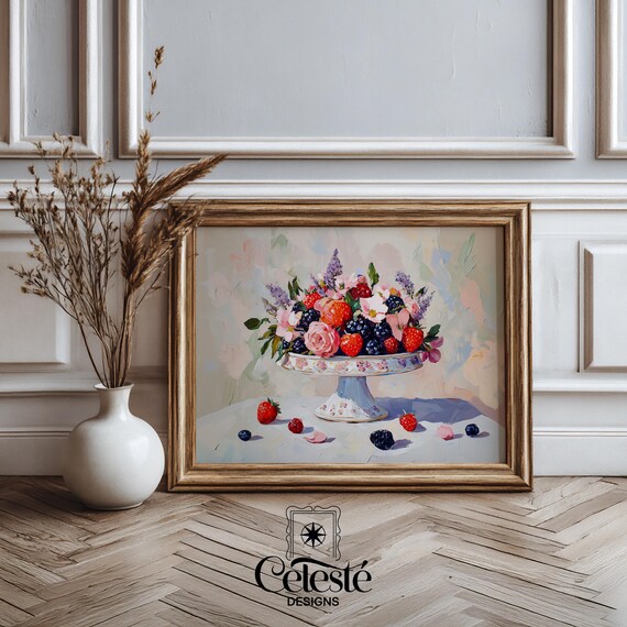 Mixed Berries Roses Cake Stand Still Life Vintage Kitchen Art Poster