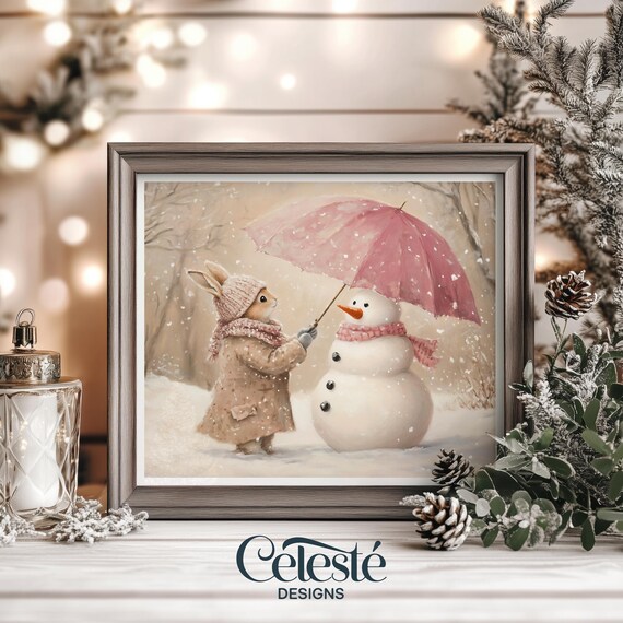 Vintage Bunny With Pink Umbrella Over Snowman Christmas Poster