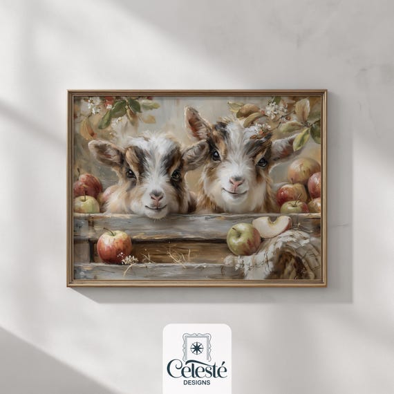 Two Baby Goats Peeking Over Fence Apples Rustic Farmhouse Print