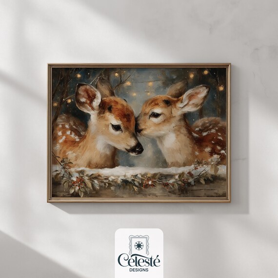 Two Fawns Nuzzling In Snow Twinkling Lights Oil Painting Wall Art