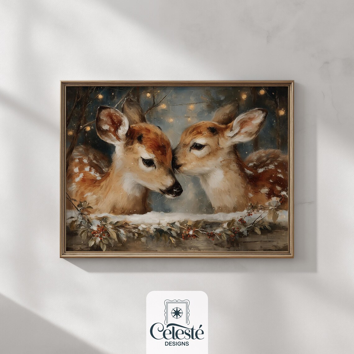 Two Fawns Nuzzling In Snow Twinkling Lights Oil Painting Wall Art