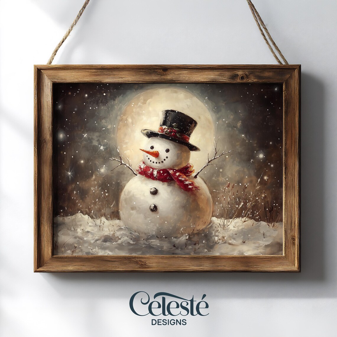 Vintage Snowman Christmas Print Moonlit Winter Night Top Hat Scarf Holiday Decor