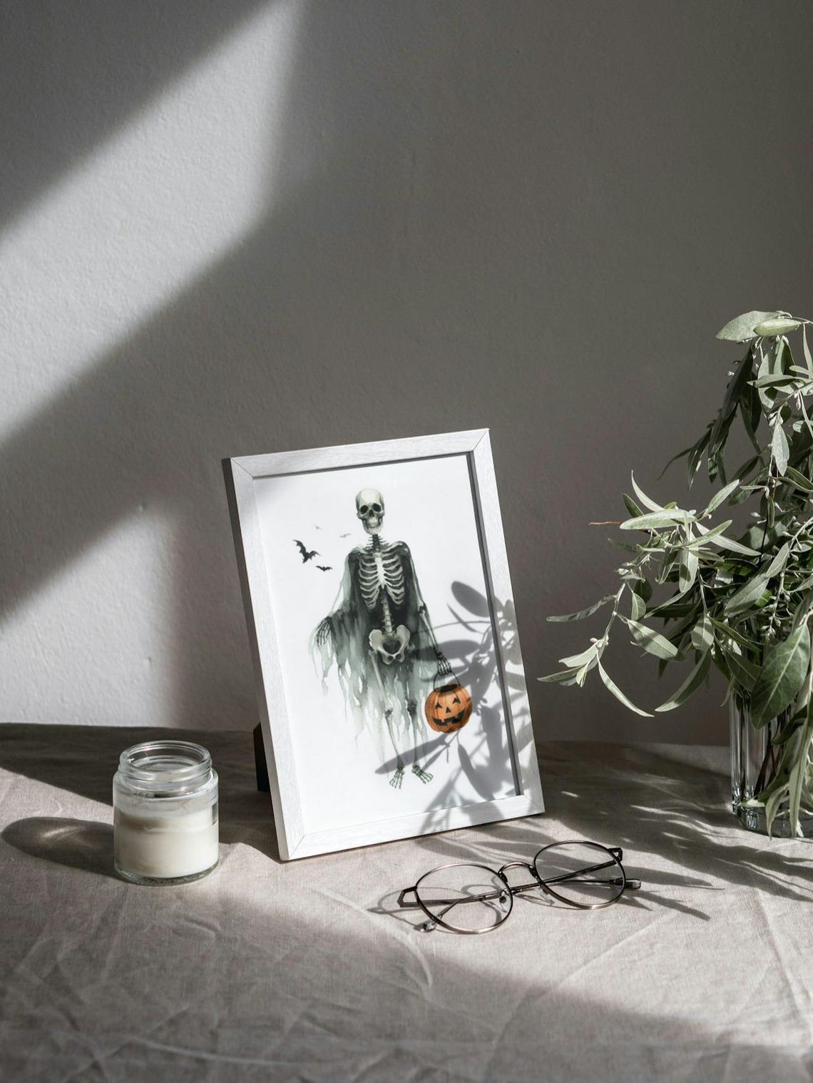 Skeleton Ghost Cape Pumpkin Bucket Bats Halloween Poster Spooky Art - Image 3