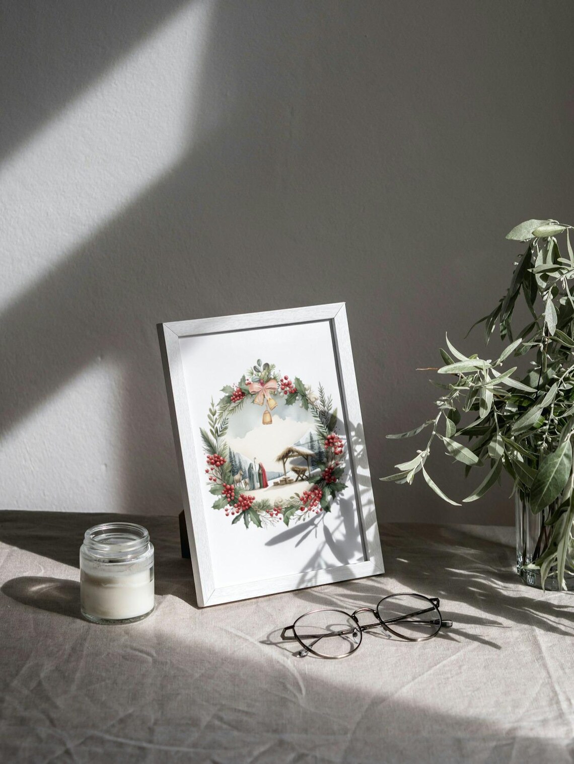 Minimalist Christmas Nativity Watercolor Wreath Holly Bells Art Poster - Image 3