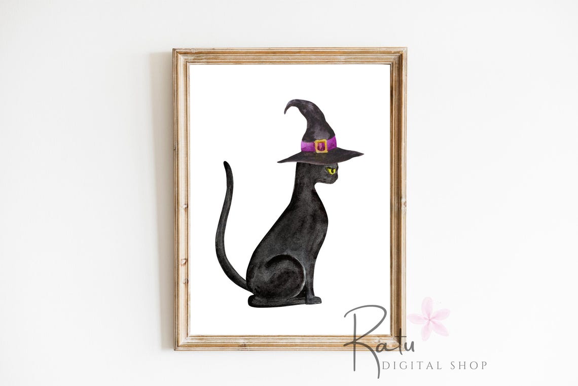 Black Cat Wearing Witch Hat Halloween Watercolor Animal Poster - Image 2