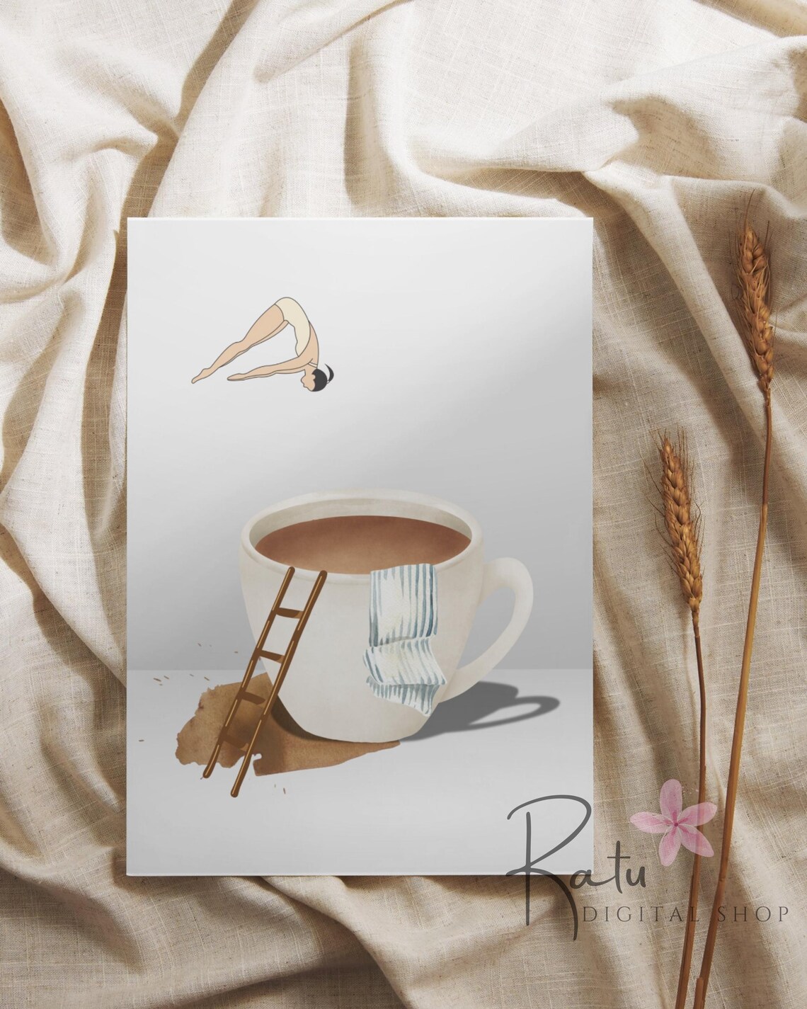 Woman Diving Into Giant Coffee Cup Ladder Towel Kitchen Art Poster - Image 2
