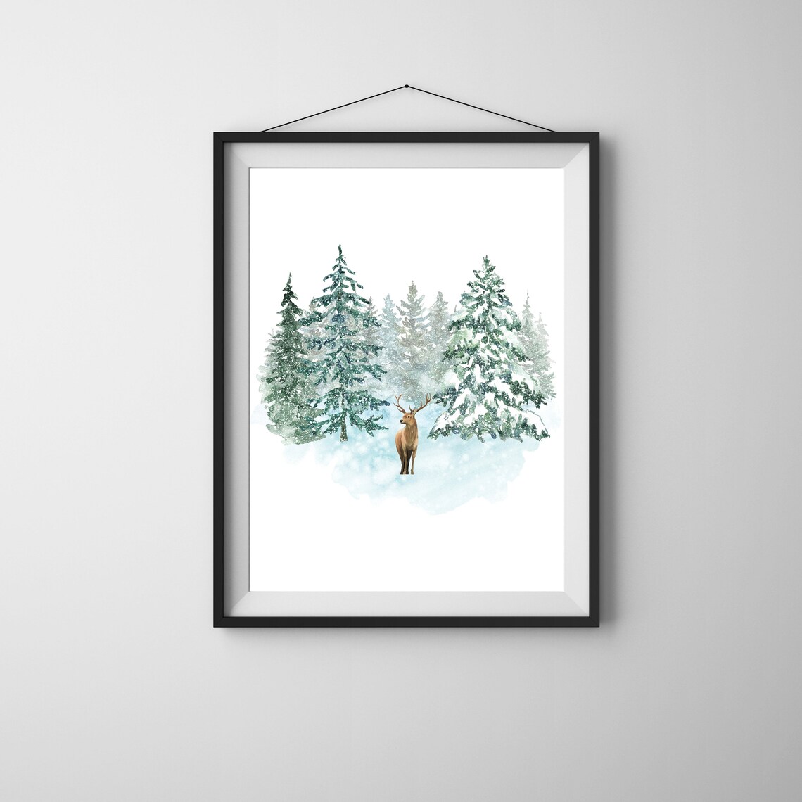 Winter Deer in Snowy Pines Watercolor Christmas Forest Poster - Image 2