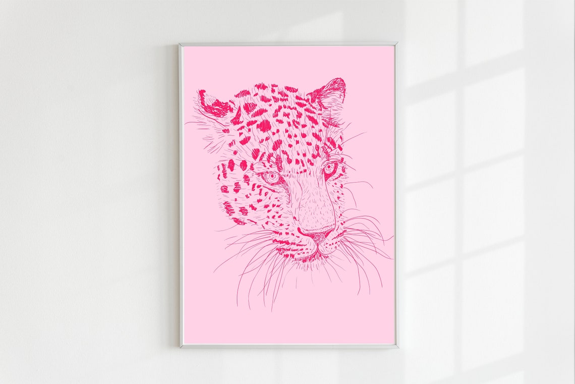 Pink Leopard Face Sketch Poster Preppy Jungle Cat Wall Decor Blush Art - Image 3
