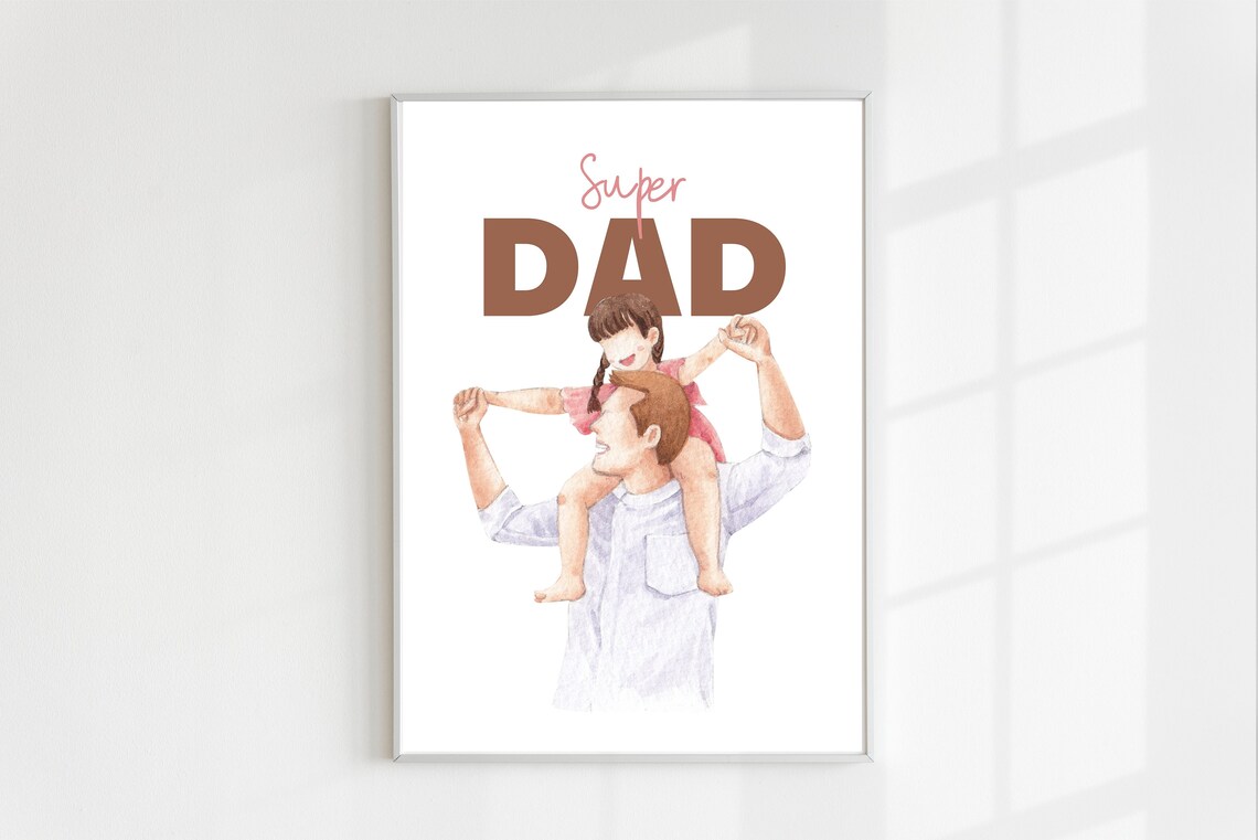 Super Dad Watercolor Father Daughter Shoulder Ride Gift Poster - Image 3