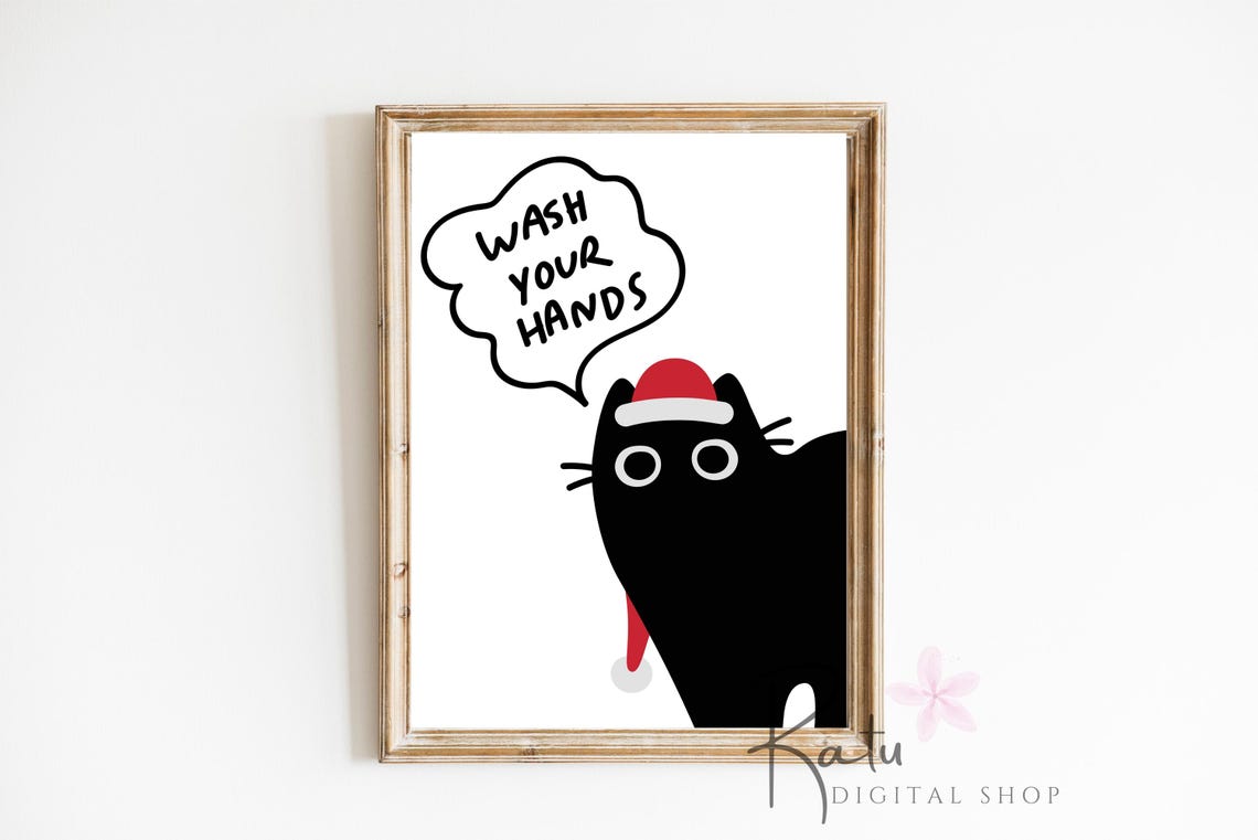 Funny Black Cat Wash Your Hands Santa Hat Bathroom Humor Art Print - Image 2