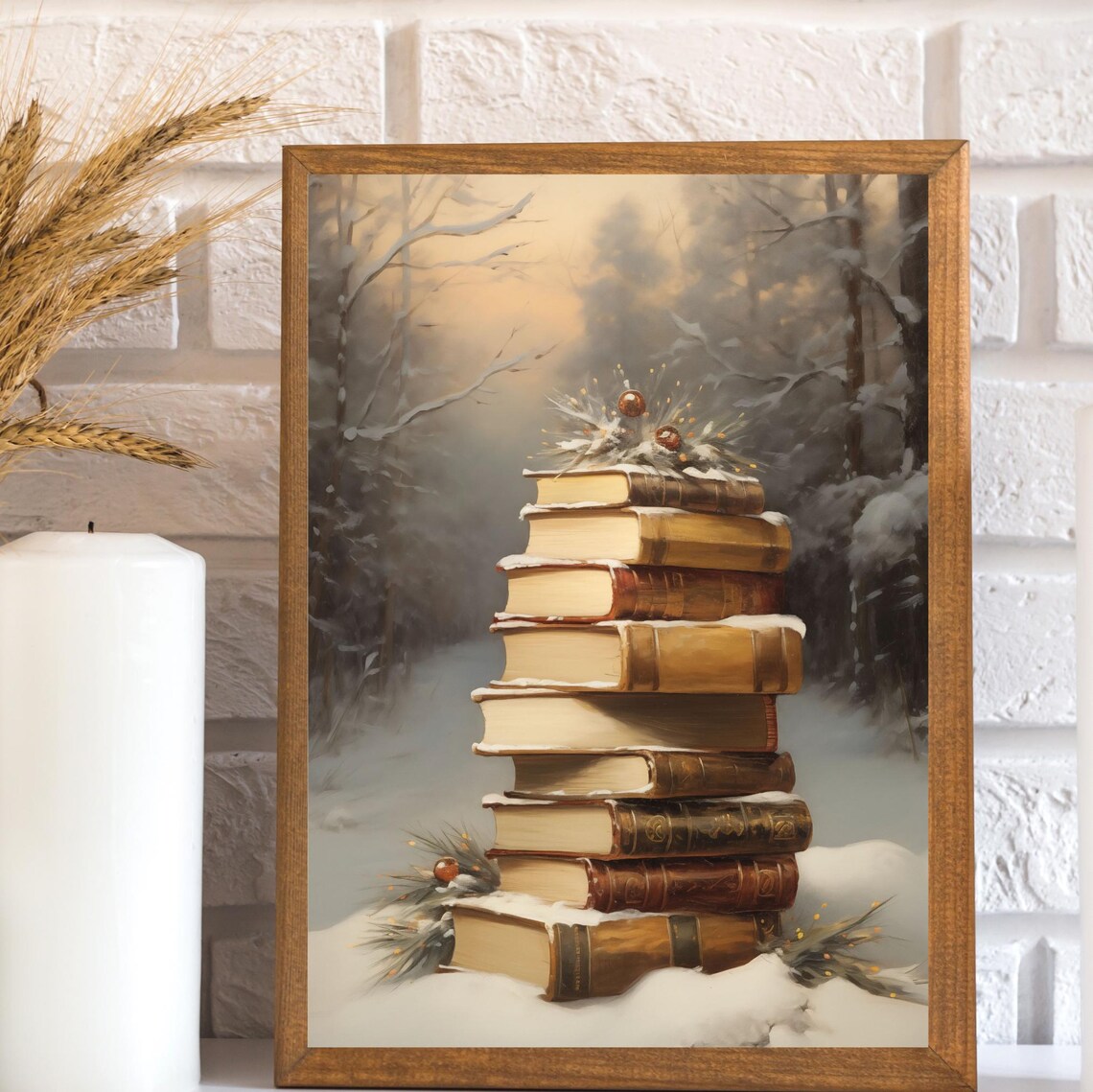 Vintage Stack of Snowy Books Christmas Forest Book Lover Reading Wall Art Poster