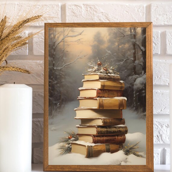 Vintage Stack of Snowy Books Christmas Forest Book Lover Reading Wall Art Poster