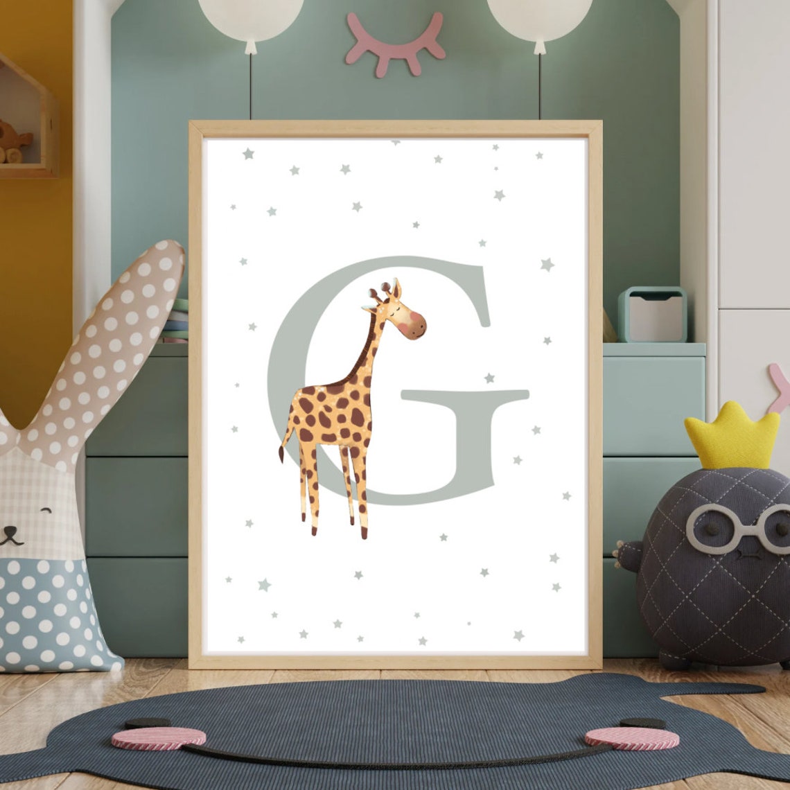 Letter G Giraffe Nursery Poster with Watercolor Jungle Animal Art