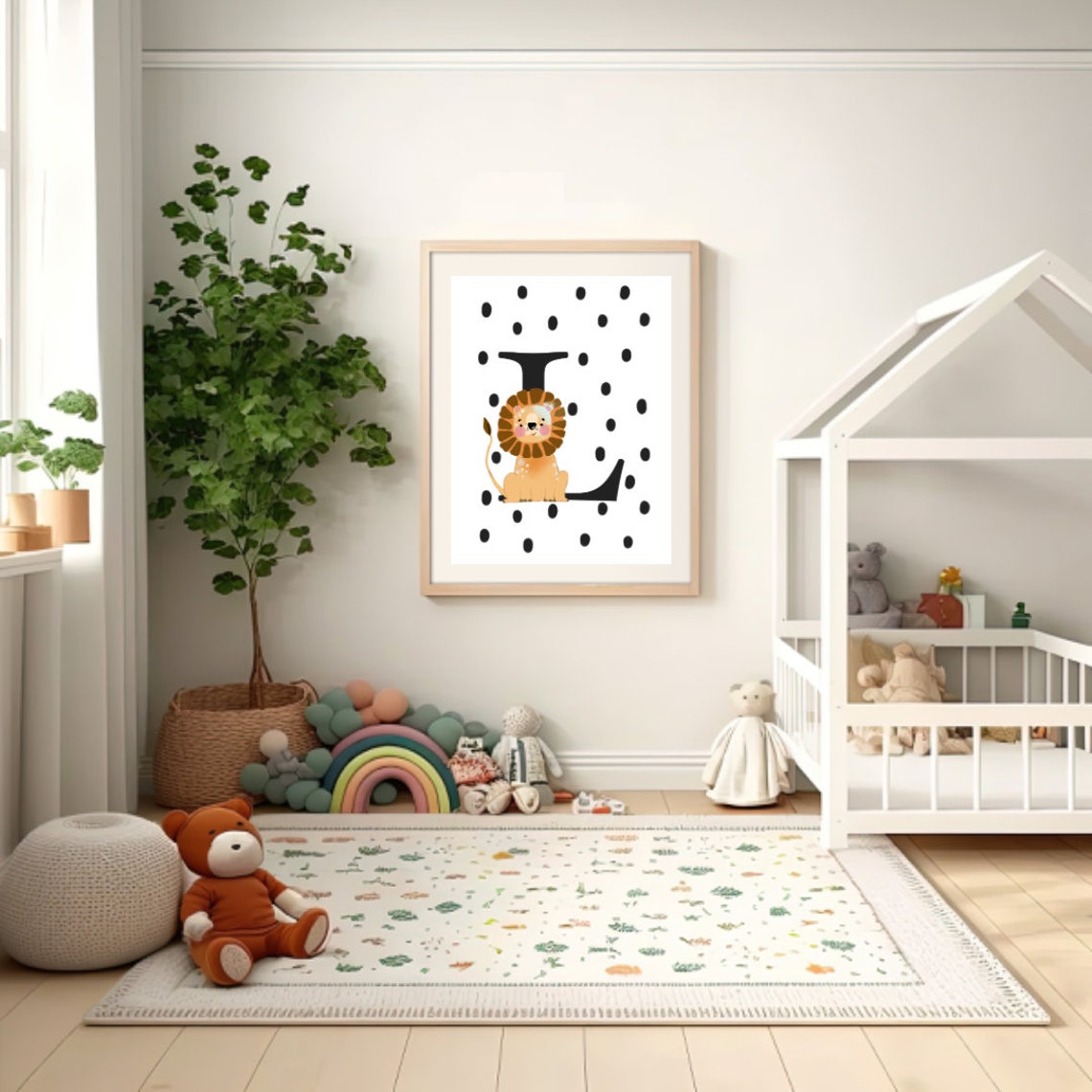 Monochrome Spotty Letter L Lion Nursery Poster in Black and White - Image 2