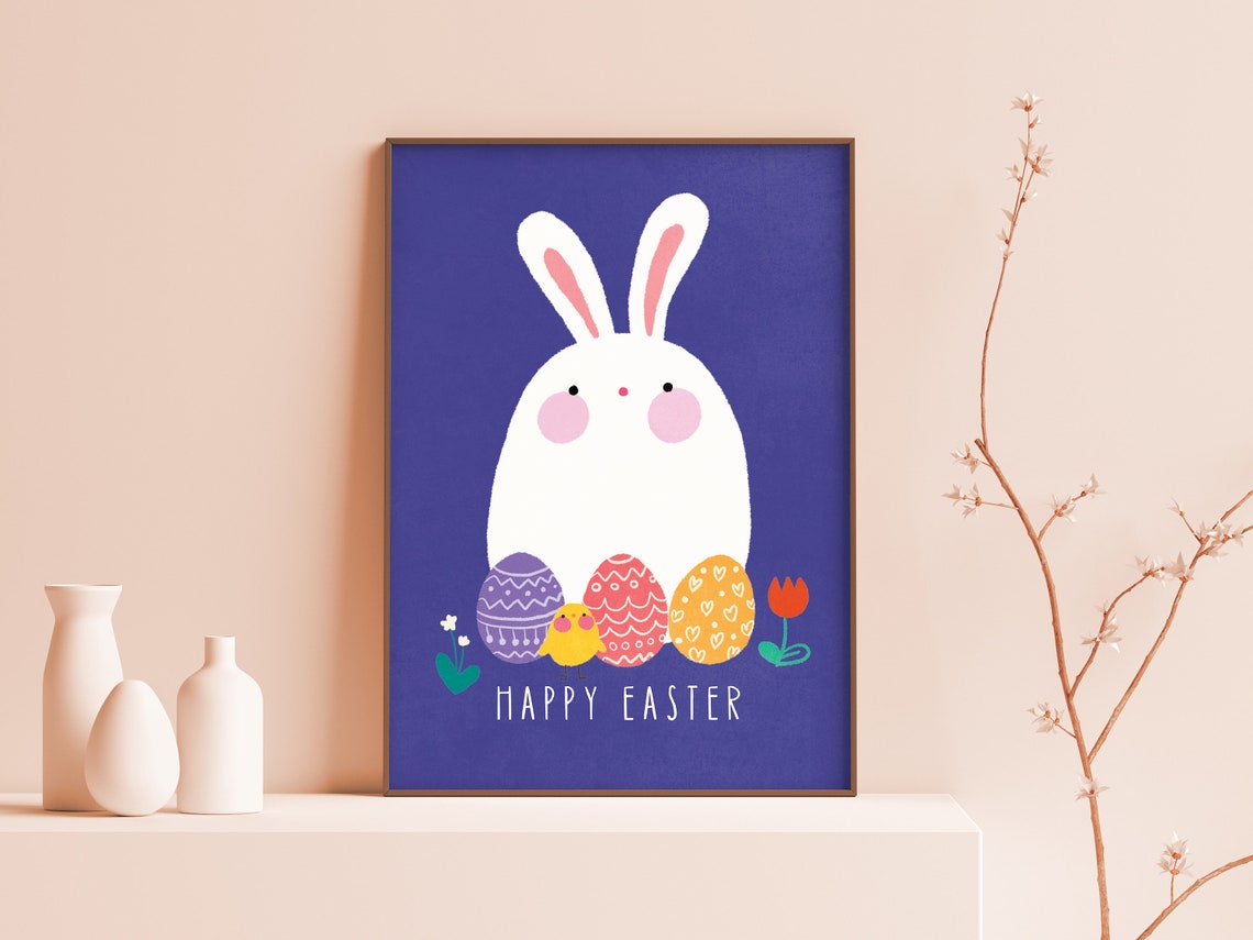 Happy Easter Cute White Bunny Decorated Eggs Purple Kids Print - Image 2