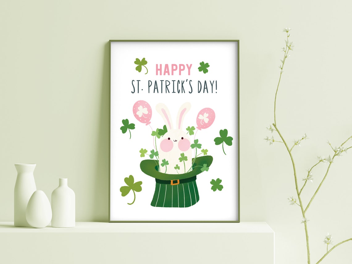 Happy St Patrick's Day Cute Bunny Leprechaun Hat Kids Nursery Wall Art - Image 2