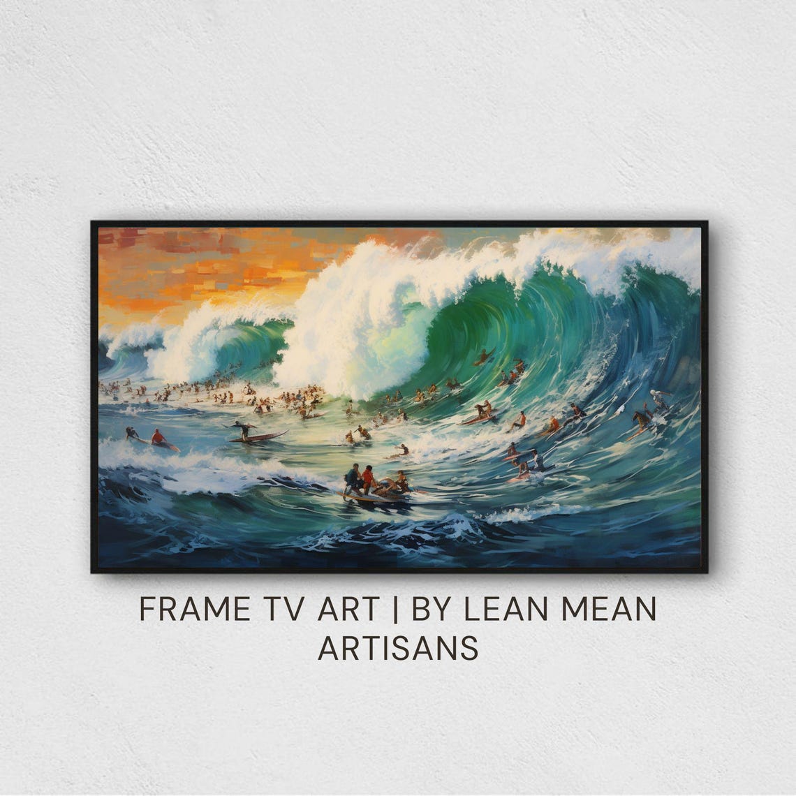 Surfers Giant Wave Sunset Abstract Epic Ocean Surfing Art Print