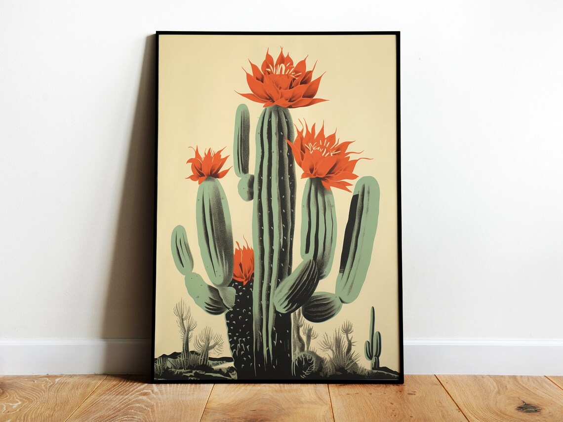 Blooming Cactus Retro Wall Art, Mexican Floral Print