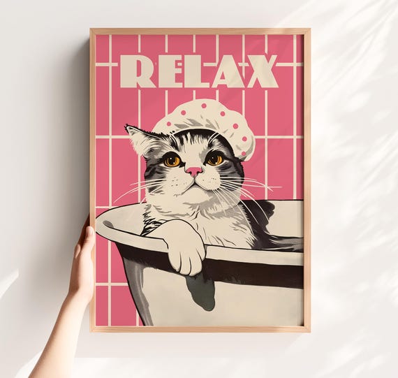 Funny Cat Bathroom Retro Bathtub Art Print