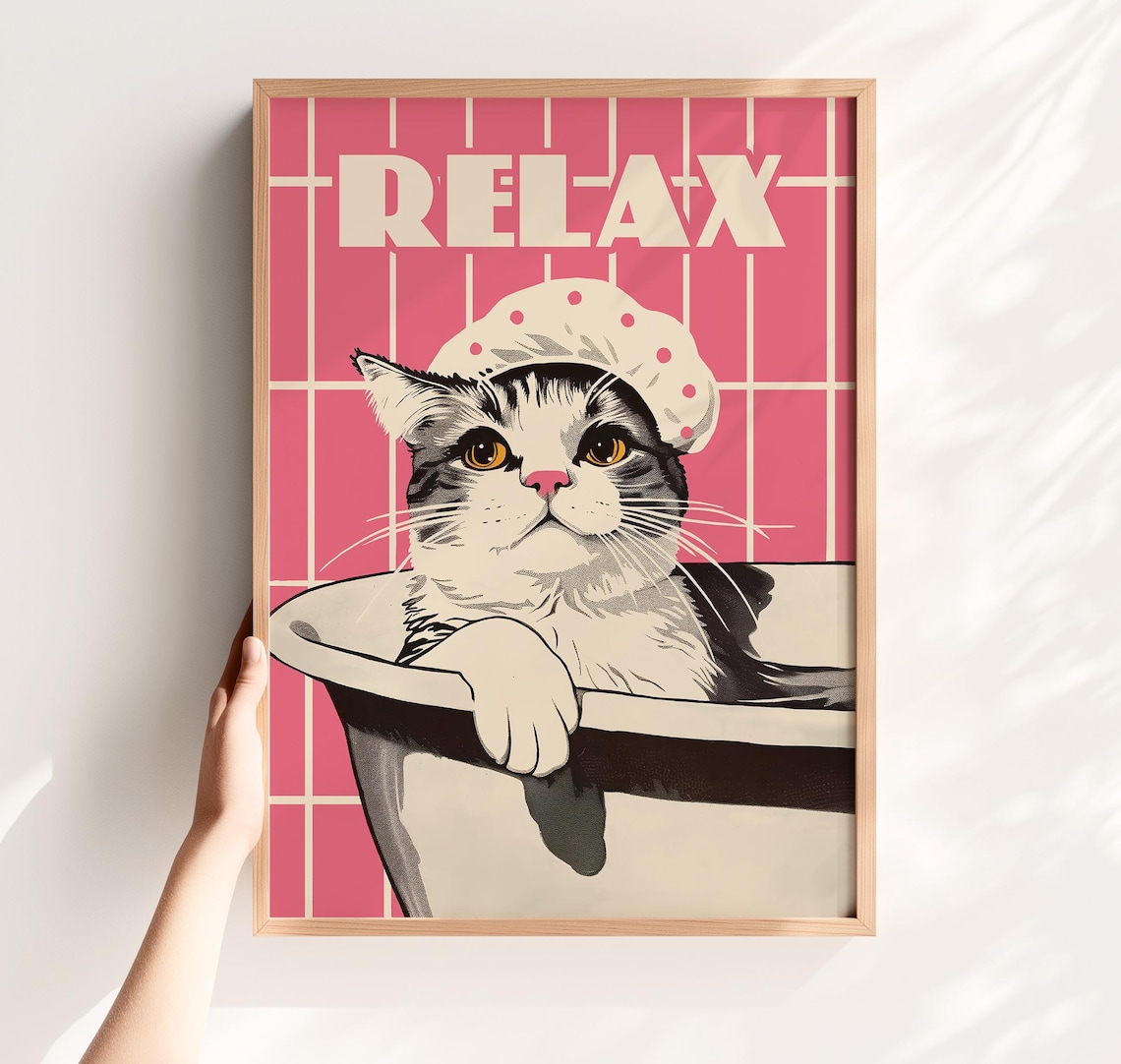 Funny Cat Bathroom Retro Bathtub Art Print