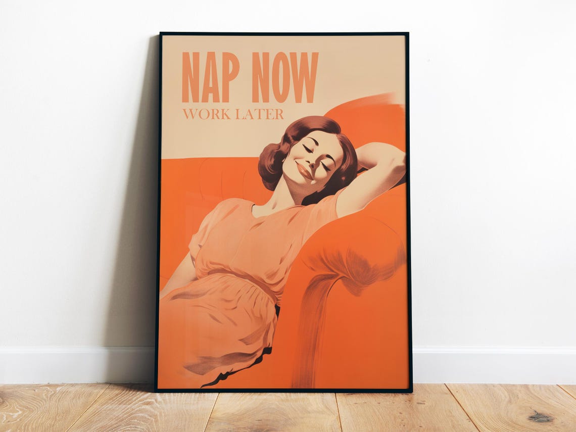 Nap Now Work Later Sleeping Woman Orange Retro Lazy Quote Poster