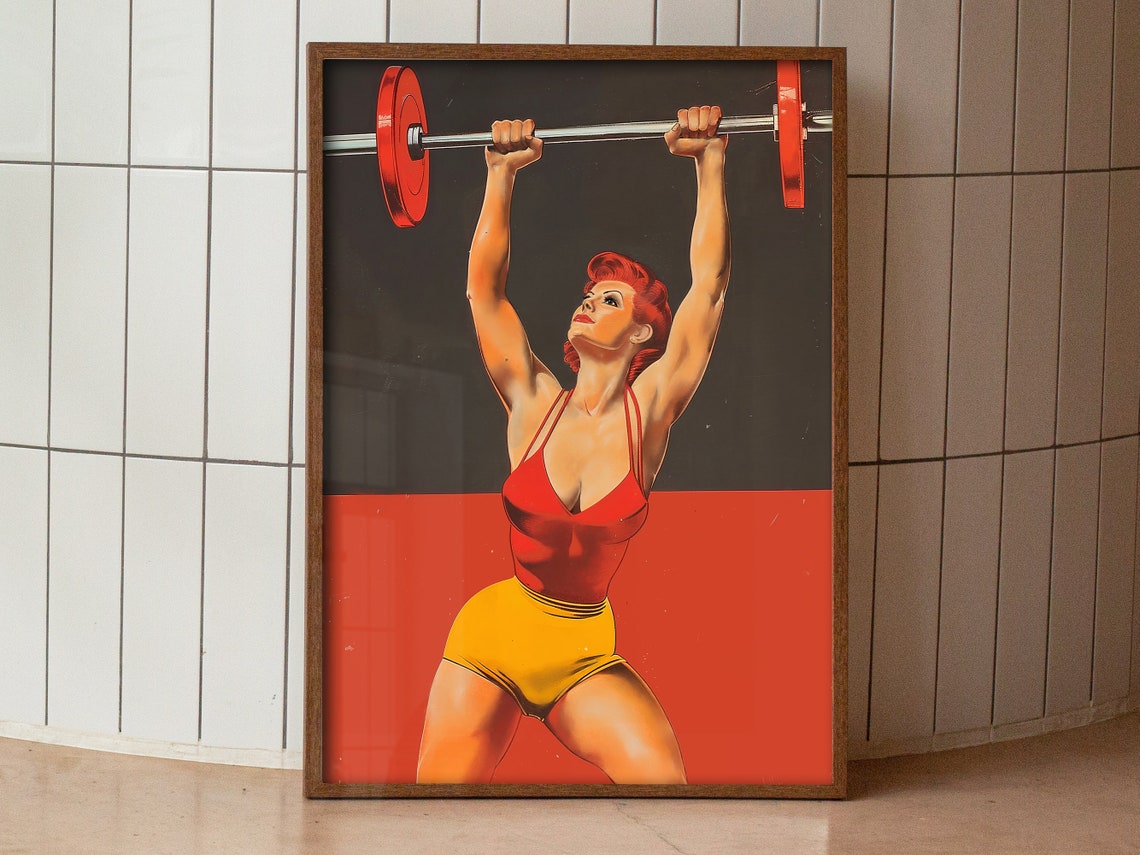 Retro Bodybuilder Woman Barbell Press Red Vintage Gym Fitness Poster - Image 3