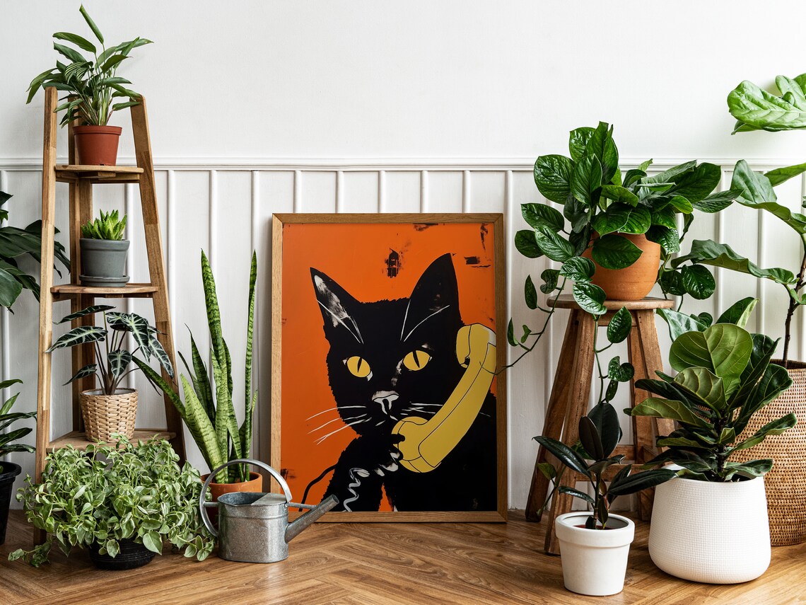 Cat On The Phone Retro Poster, Maximalist Cat Print - Image 3