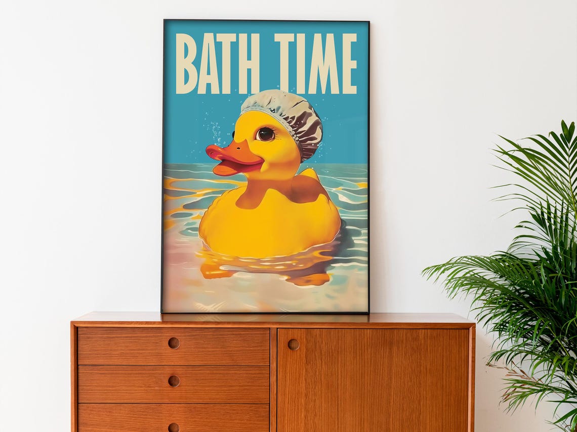 Bath Time Cute Yellow Rubber Duck Shower Cap Kids Bathroom Poster - Image 2