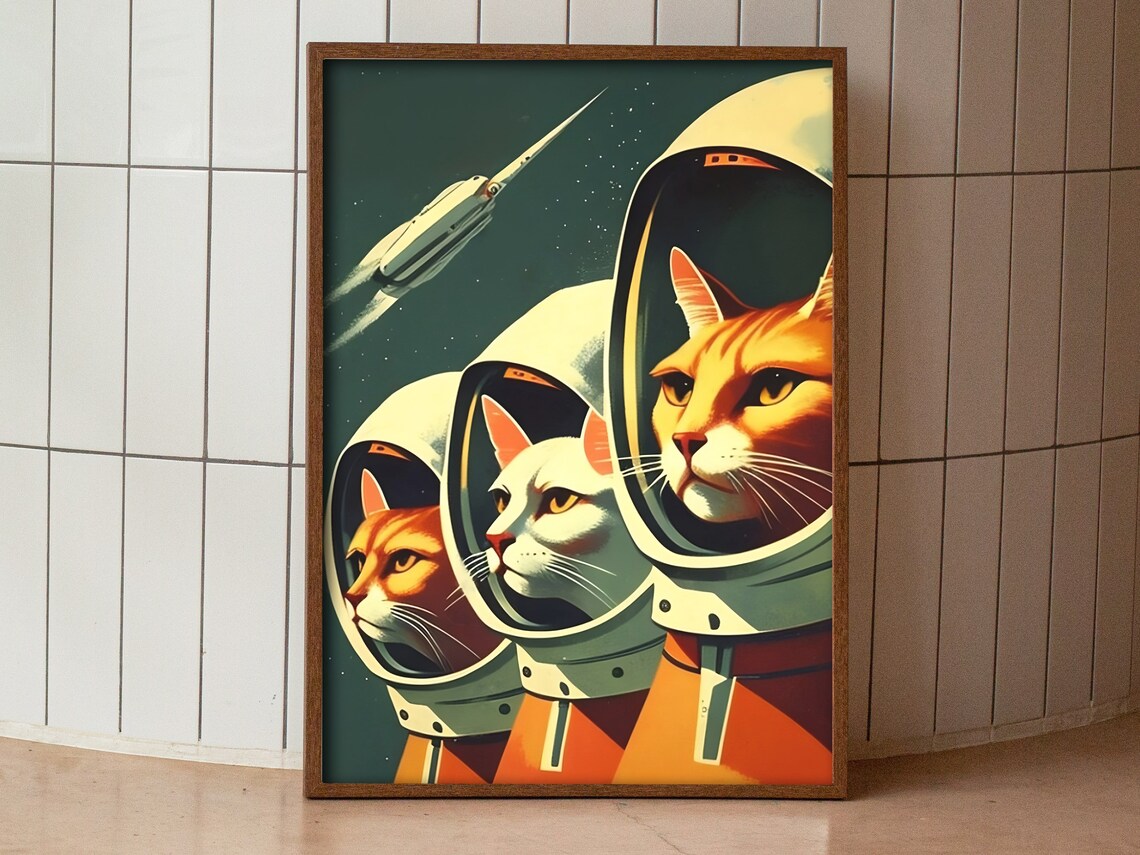 Retro Space Cats Astronaut Poster, Soviet Space Art - Image 3