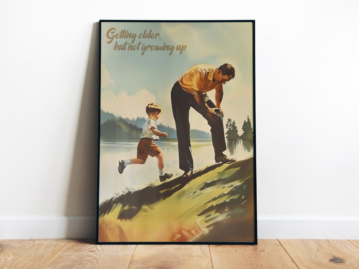 Retro Father and Son Getting Older Not Growing Up Lake Art Poster