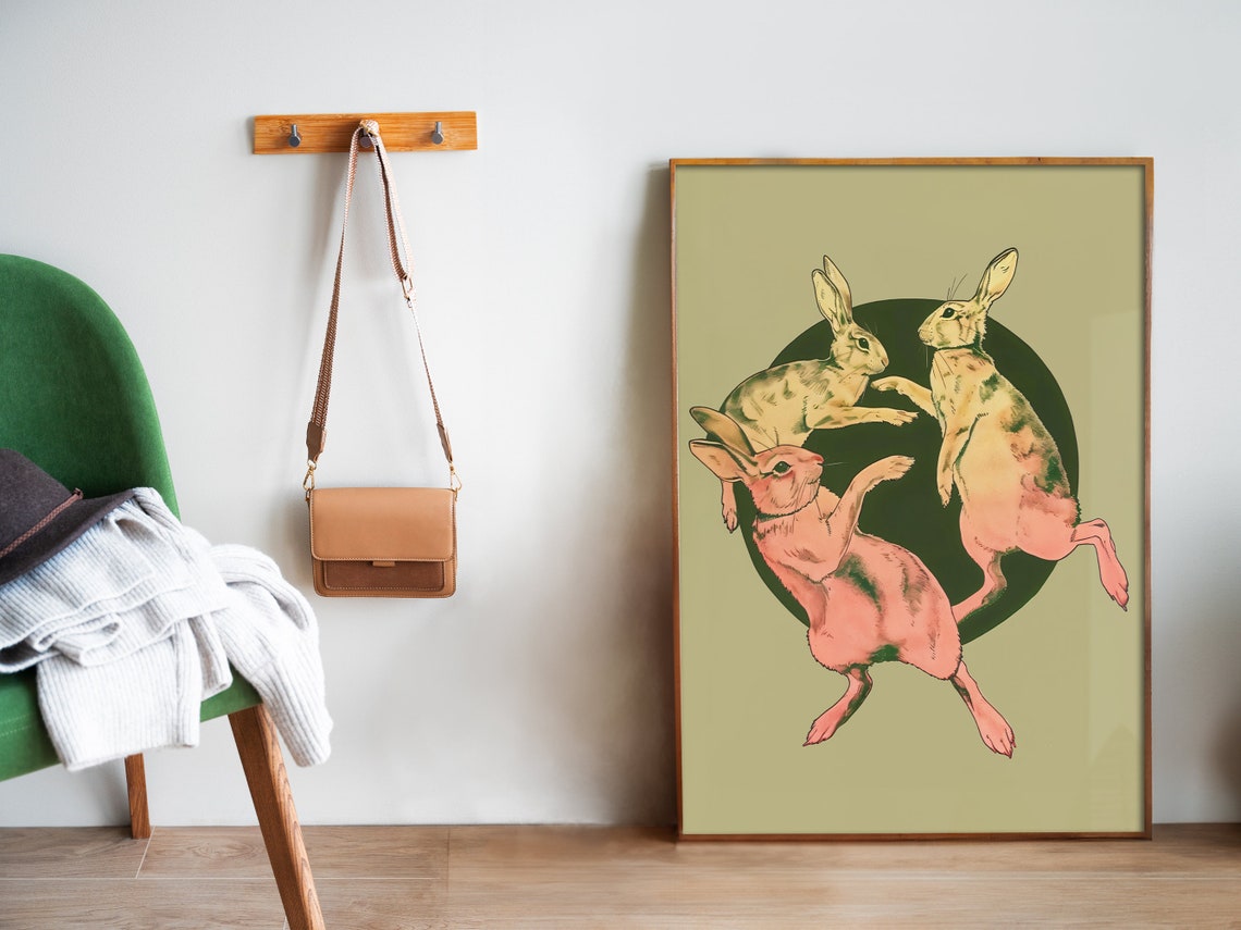 Dancing Hares Trio Sage Green Retro Rabbits Circle Vintage Art Poster - Image 5