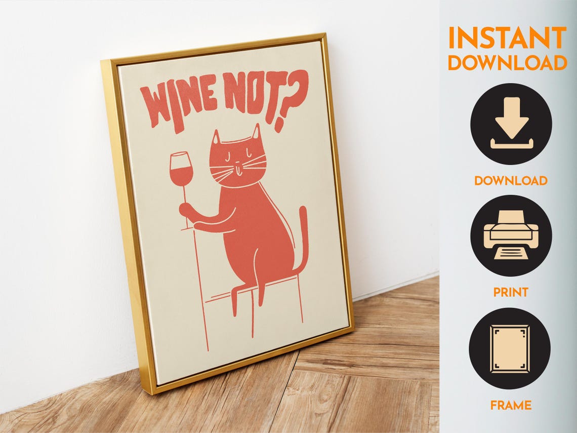 Wine Not Funny Red Cat Drinking Wine Minimalist Bar Cart Poster - Image 6