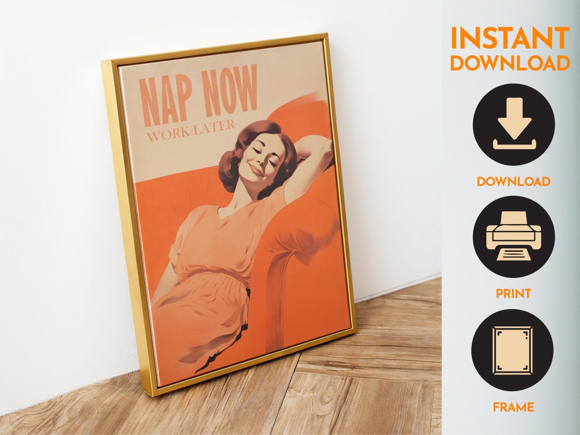 Nap Now Work Later Sleeping Woman Orange Retro Lazy Quote Poster - Image 6
