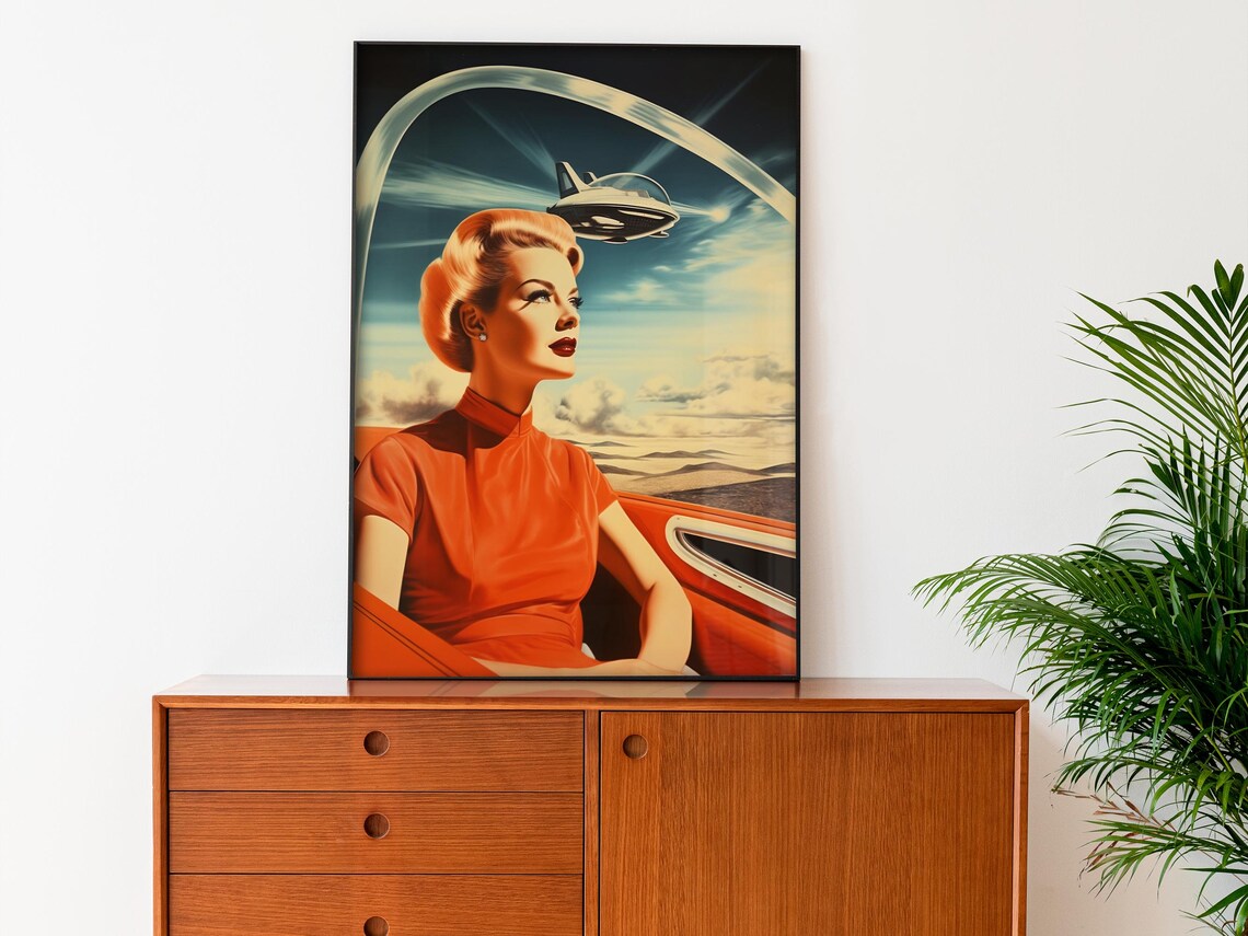Glamorous Woman Flying Car Retro 70s Sci-Fi Futurist Art Poster - Image 2