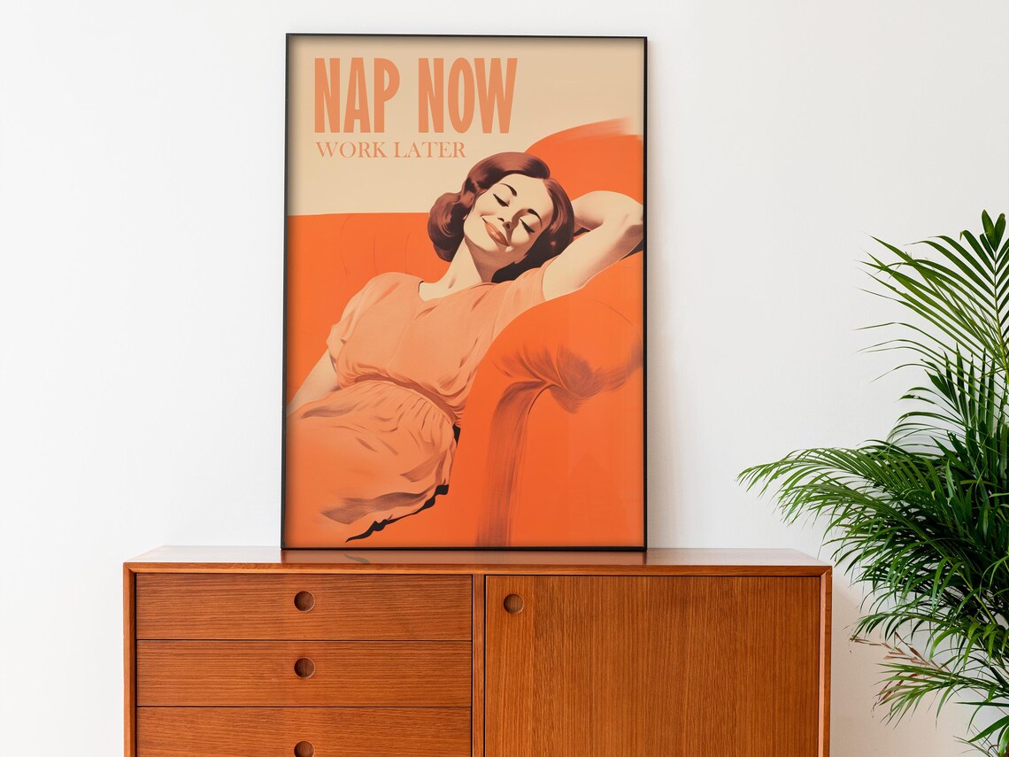 Nap Now Work Later Sleeping Woman Orange Retro Lazy Quote Poster - Image 3
