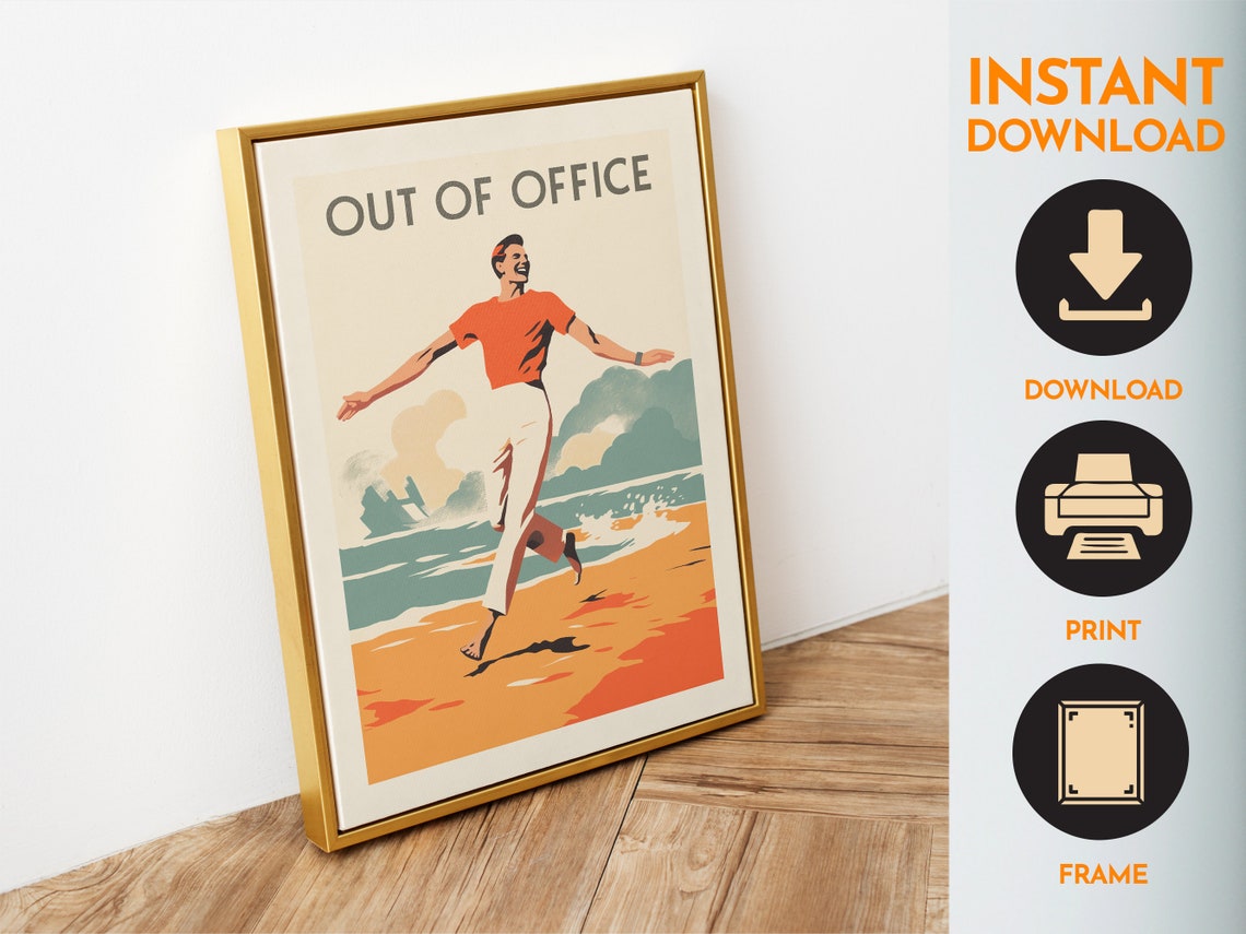 Out Of Office Funny Man Running On Beach Retro Travel Poster - Image 6