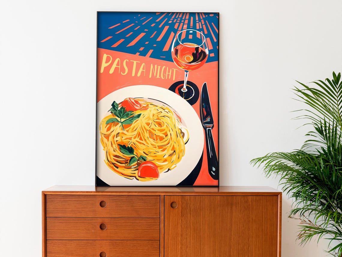 Pasta Night Italian Spaghetti Wine Dinner Kitchen Art Poster - Image 2