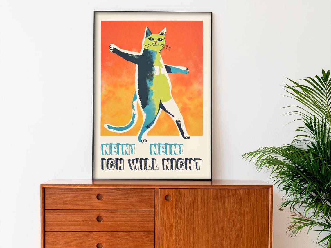 Nein Nein Ich Will Nicht Dancing Cat Orange Funny Retro German Poster - Image 3